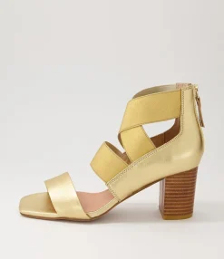 Cheap Partay Gold Leather Elastic Sandals Women Heels