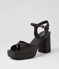 Best Peonala Black Leather Sandals Women Heels
