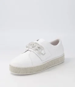 Cheap Poppis White Silver Leather Jewels Sneakers Women Sneakers