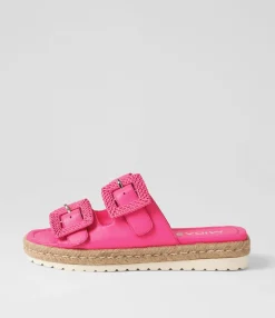 Shop Singe Hot Pink Leather Buckle Slides Women Flats