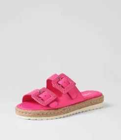 Shop Singe Hot Pink Leather Buckle Slides Women Flats