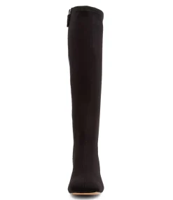 Cheap Tripped Black Stretch Fabric Knee High Boots Women Ankle Boots