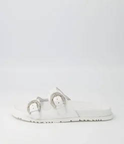 Store Tullies White Leather Slides Women Flats