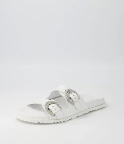 Store Tullies White Leather Slides Women Flats