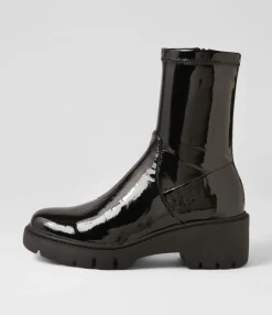 Cheap Uner Black Stretch Patent Pu Ankle Boots Women Ankle Boots