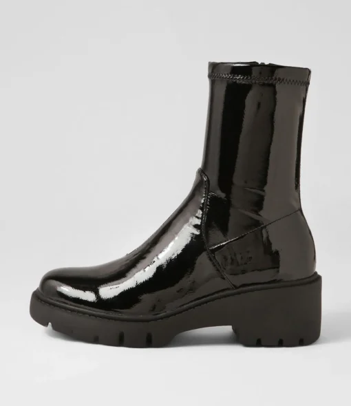 Cheap Uner Black Stretch Patent Pu Ankle Boots Women Ankle Boots