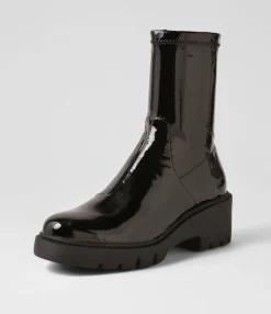 Cheap Uner Black Stretch Patent Pu Ankle Boots Women Ankle Boots