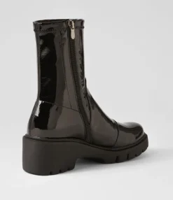Cheap Uner Black Stretch Patent Pu Ankle Boots Women Ankle Boots