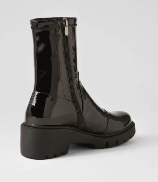 Cheap Uner Black Stretch Patent Pu Ankle Boots Women Ankle Boots