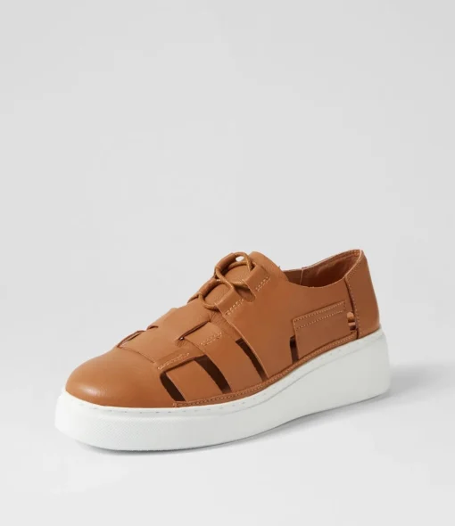 Best Yaos Dark Tan White Leather Sneakers Women Sneakers