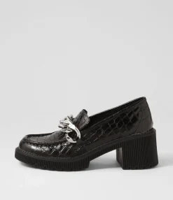 Flash Sale Zuzu Black Croc Leather Heels Women Loafers