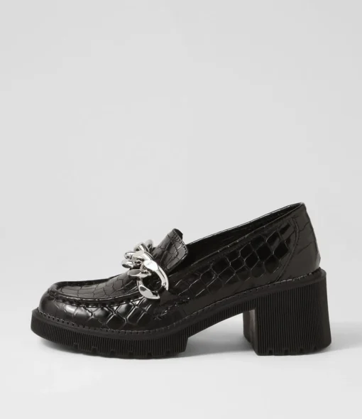 Flash Sale Zuzu Black Croc Leather Heels Women Loafers