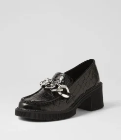 Flash Sale Zuzu Black Croc Leather Heels Women Loafers