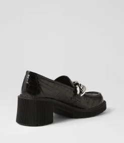 Flash Sale Zuzu Black Croc Leather Heels Women Loafers
