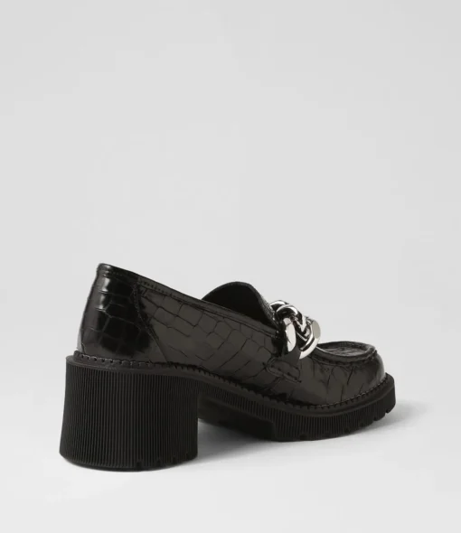 Flash Sale Zuzu Black Croc Leather Heels Women Loafers