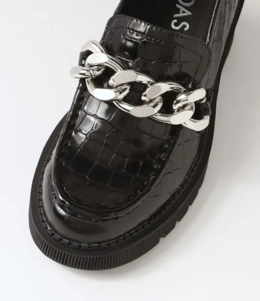 Flash Sale Zuzu Black Croc Leather Heels Women Loafers