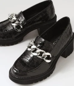 Flash Sale Zuzu Black Croc Leather Heels Women Loafers